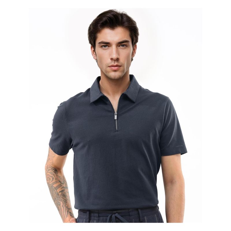 Rare Rabbit Stan 2 Dusky Navy Blue Plain Regular Fit Polo T-Shirt (2XL)