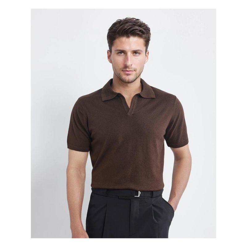 Rare Rabbit Teny Dark Brown Plain Regular Fit Polo T-Shirt (L)