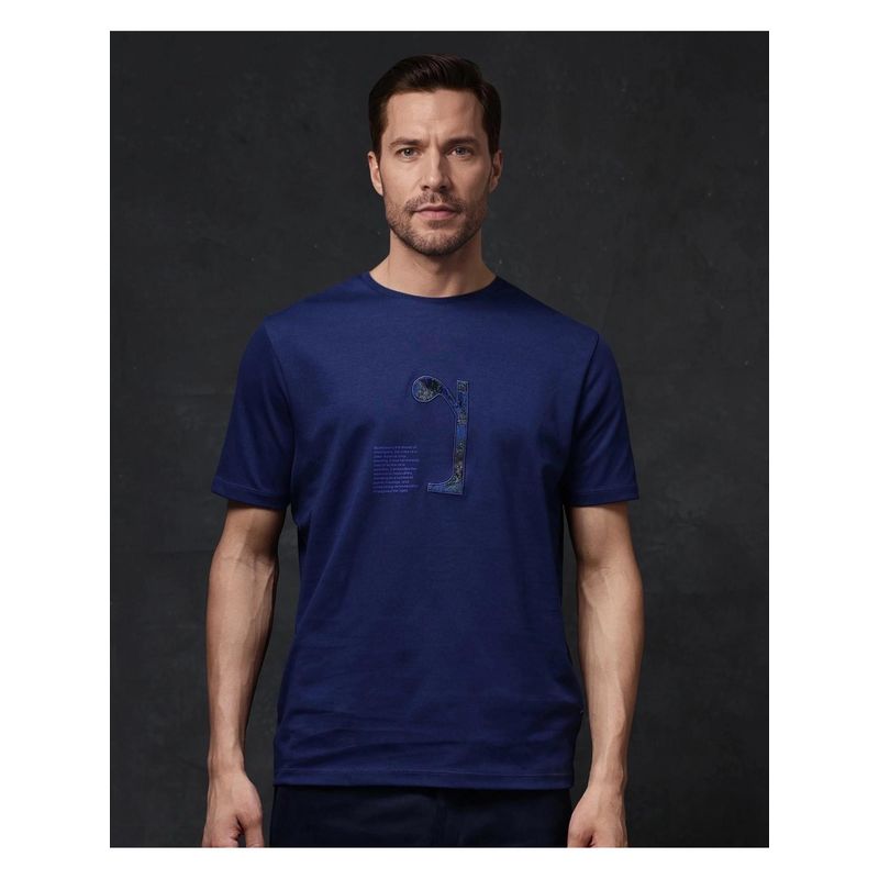 Rare Rabbit Tezo Navy Blue Embroidered Regular Fit T-Shirt (XS)