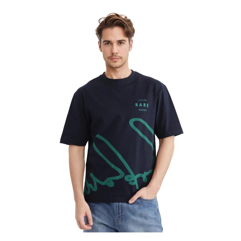 Rare Rabbit Ther Navy Blue Graphic Oversized Fit T-Shirt (L)