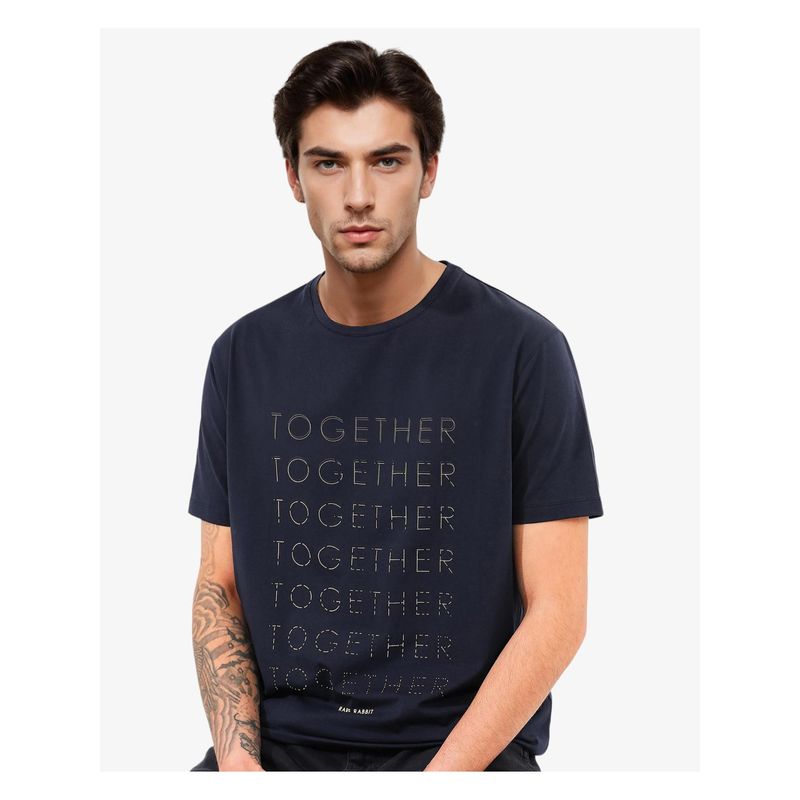 Rare Rabbit Together-1 Navy Blue Graphic Print Relaxed Fit T-Shirt (XS)