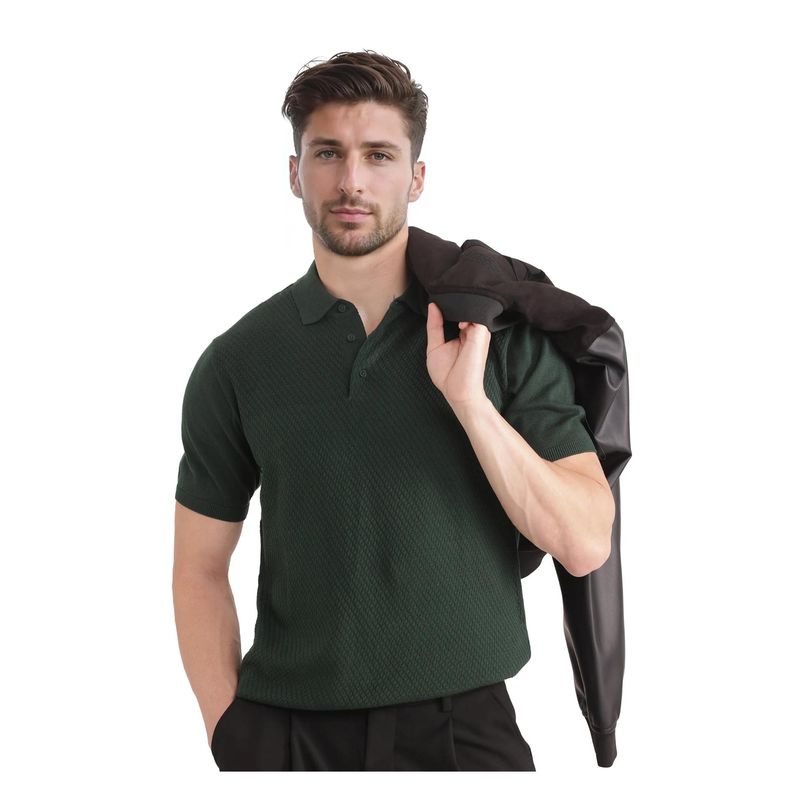 Rare Rabbit Xas Dark Green Textured Regular Fit Polo T-Shirt (L)