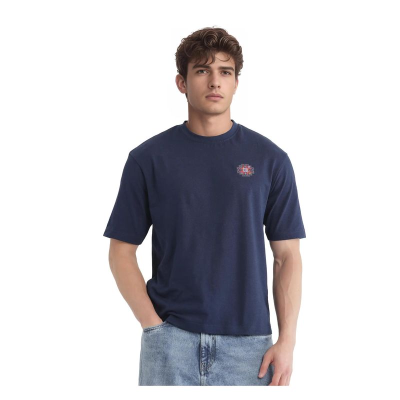 Rare Rabbit Zera Navy Blue Graphic Print Oversized Fit T-Shirt (XS)