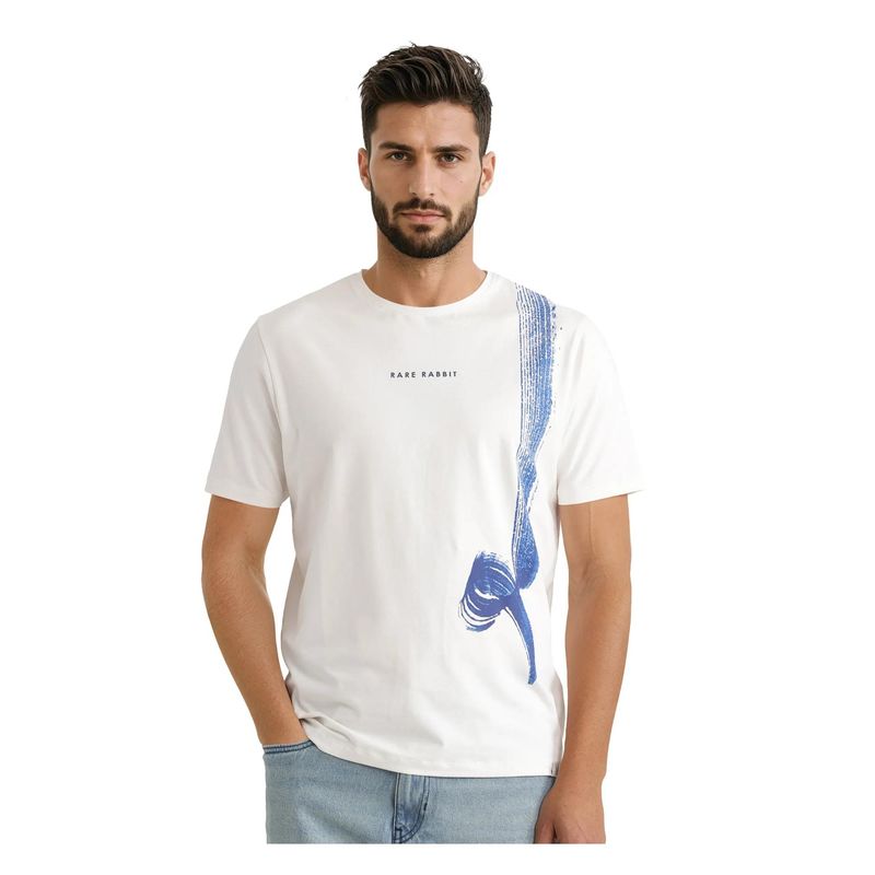 Rare Rabbit Zyra Off White Abstract Print Regular Fit T-Shirt (L)
