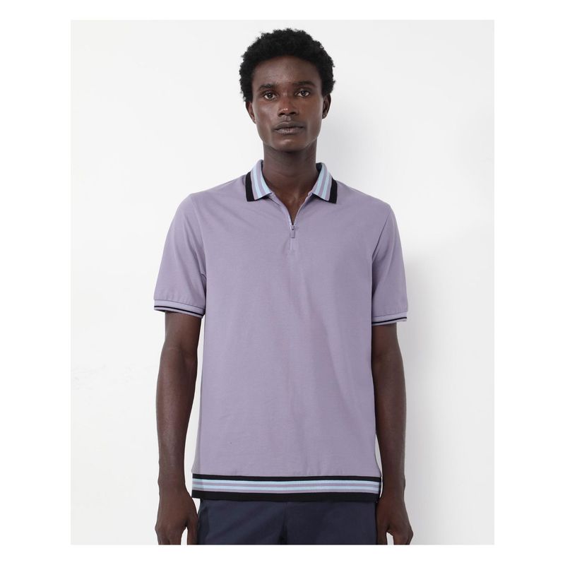 Rare Rabbit Zyte Dusky Purple Plain Regular Fit Polo T-Shirt (XS)
