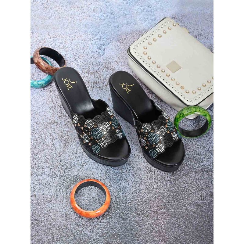 Jove Women Black Embellished Wedge Heels (EURO 38)