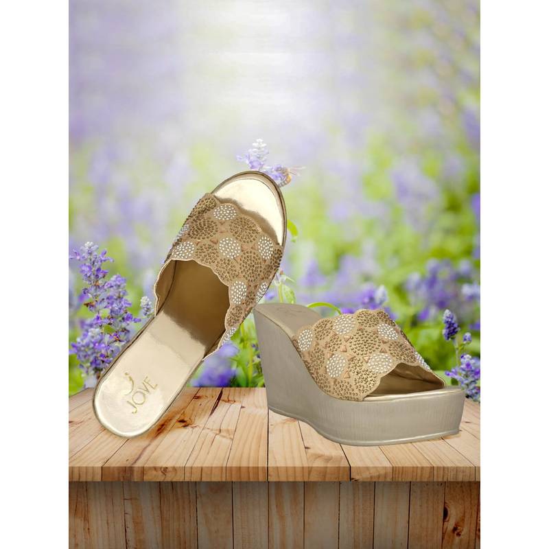 Jove Women Gold Embellished Wedge Heels (EURO 39)