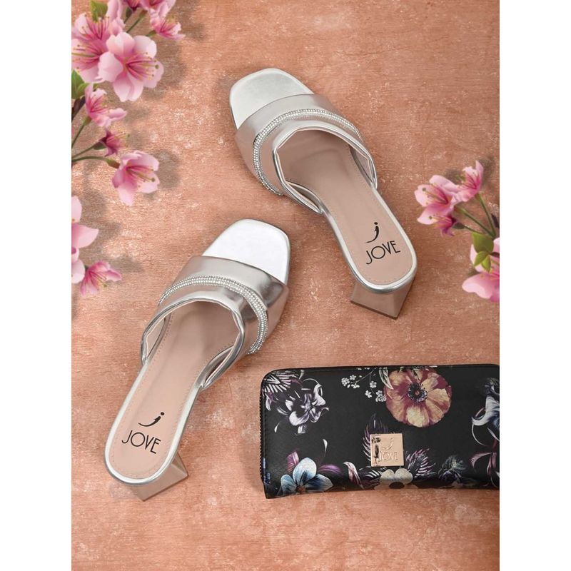 Jove Women Silver Embellished Sandal Heels (EURO 36)