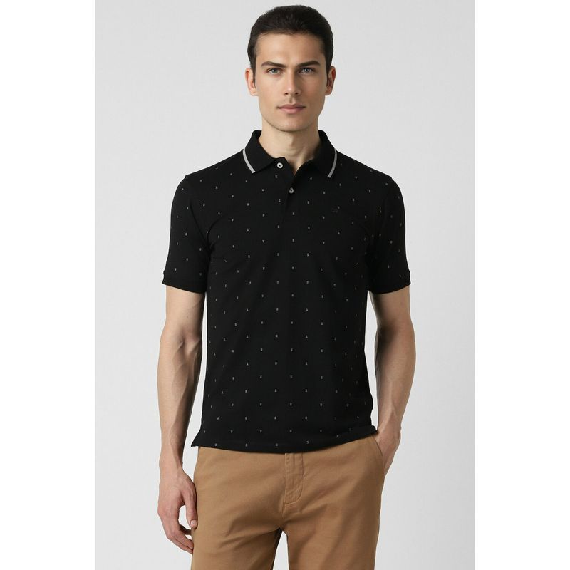 Peter England Men Black Print Collar Neck Polo T-Shirt (S)
