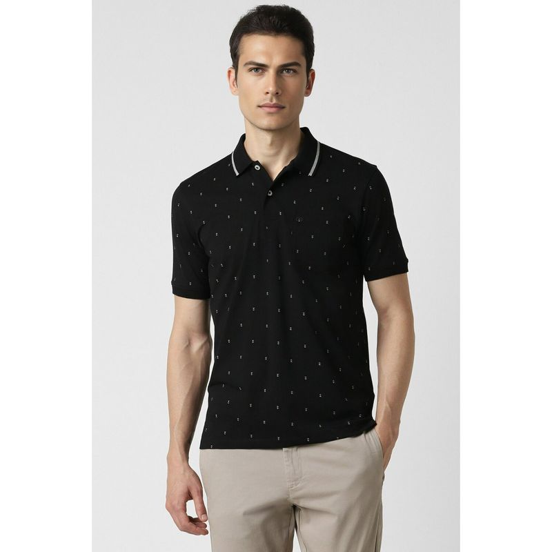 Peter England Men Black Print Collar Neck Polo T-Shirt (M)