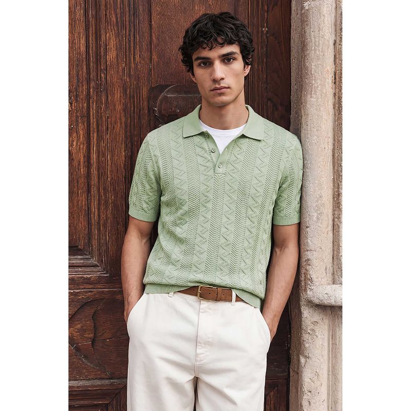 Snitch Men Mint Green Textured Half Sleeves Regular Fit Polo T-shirt (L)