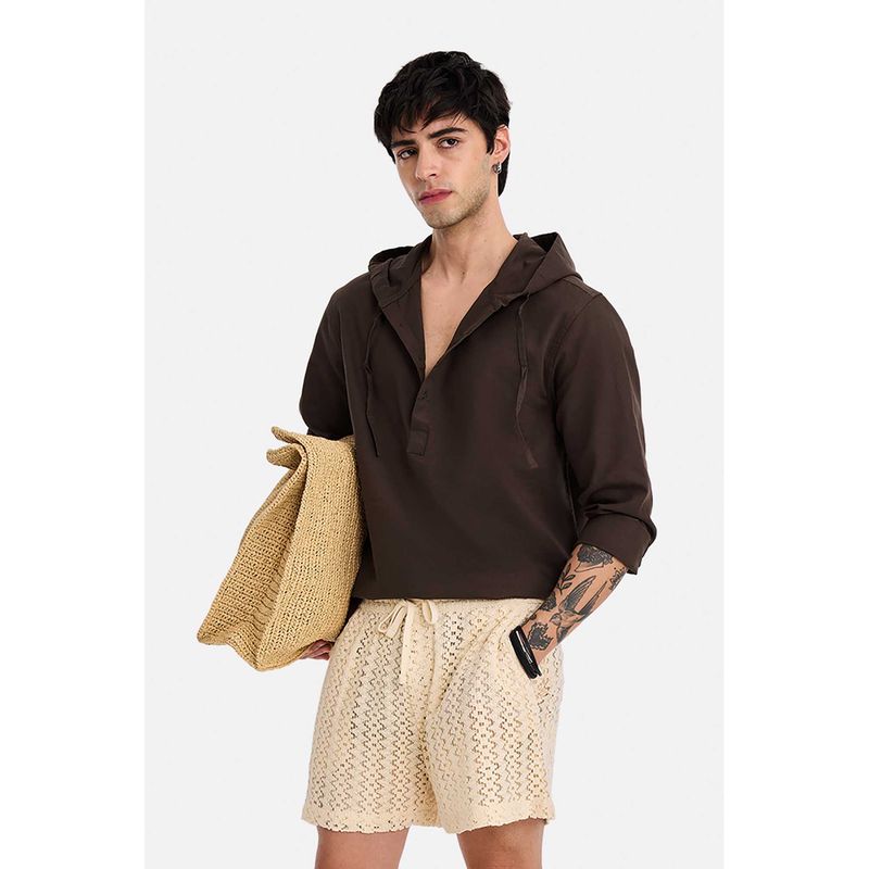 Snitch Men Earthy Brown Solid Full Sleeves Hooded Shirt (XL)