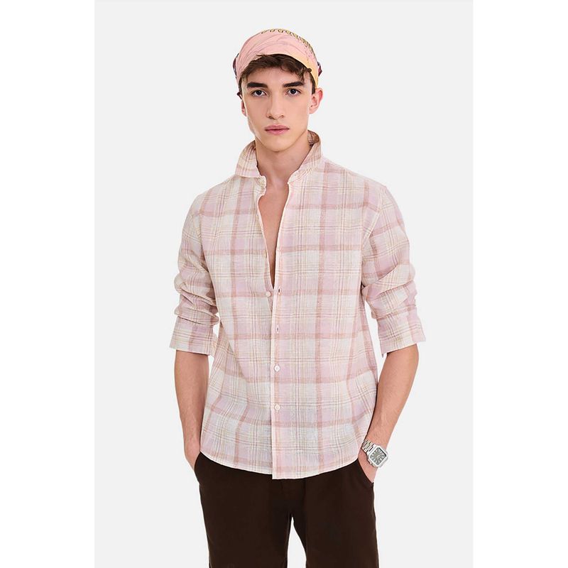 Snitch Men Light Pink Checks Full Sleeves Regular Casual Shirt (L)