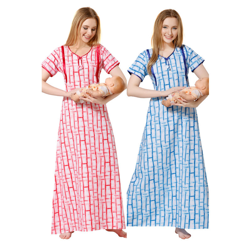 PIU Women's Premium Cotton Feeding Nighty - Combo Pack - Pink Blue (M)