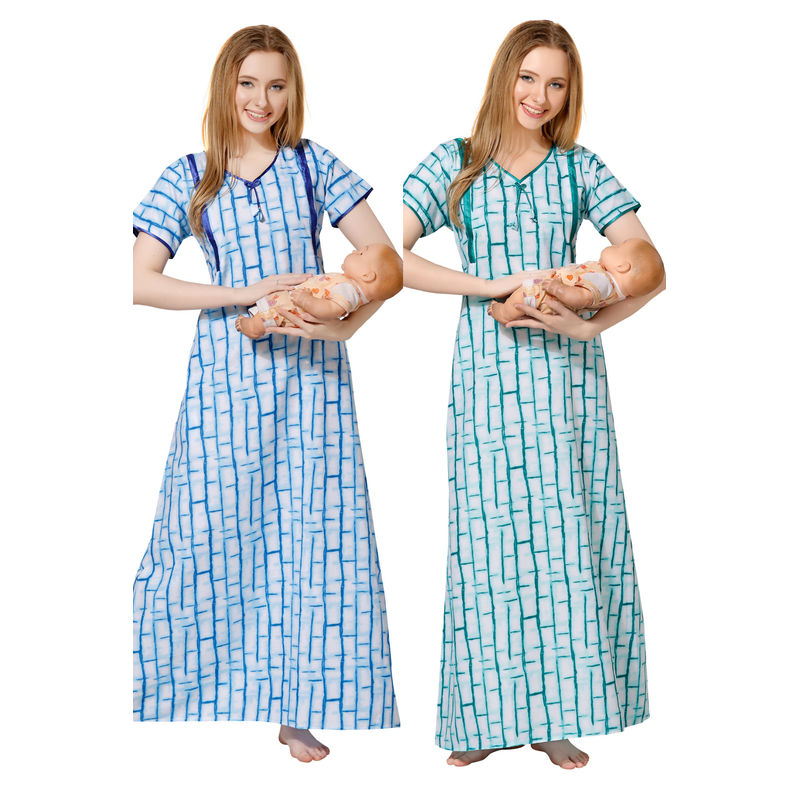 PIU Women's Premium Cotton Feeding Nighty - Combo Pack - Blue Green (M)