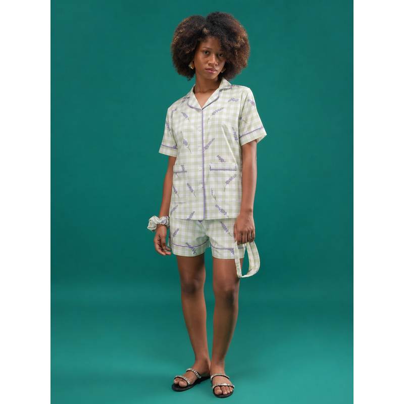 Noite Luxe Green Meadow Checks Cotton Shirt And Shorts (XS)