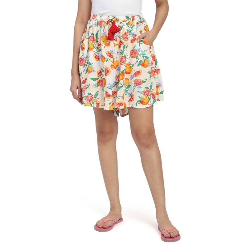 Bstories Shorts For Women - Off White Fruit Printed Trendy Flared Lounge Shorts (L)