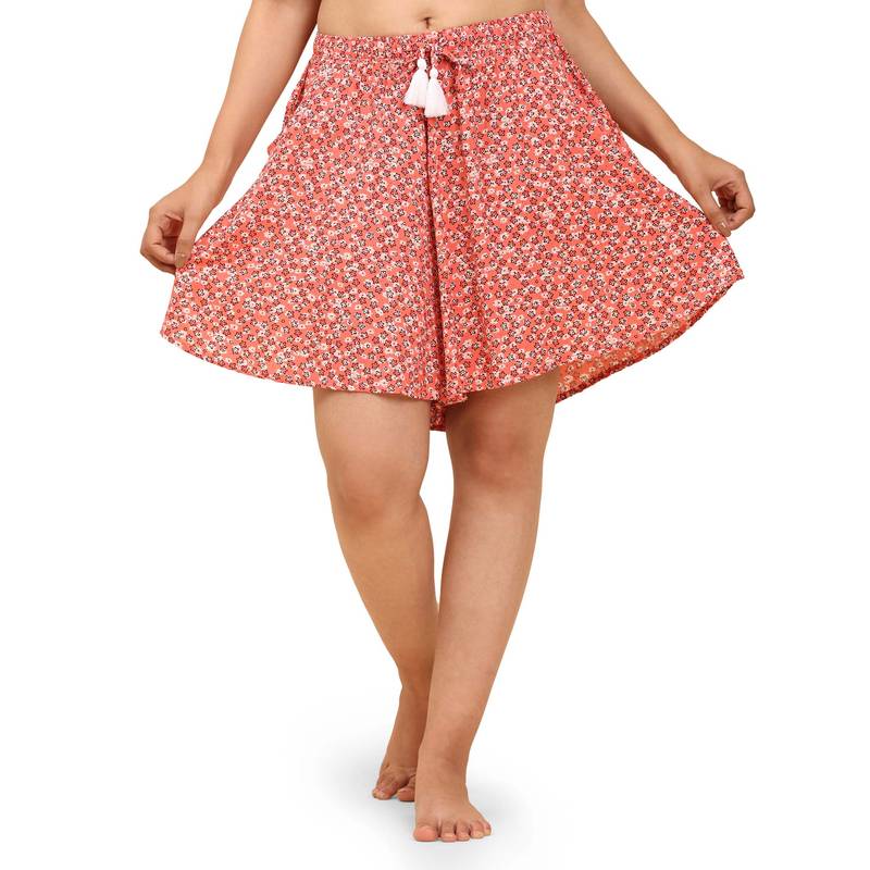 Bstories Shorts For Women - Beige Floral Printed Trendy Flared Lounge Shorts (S)