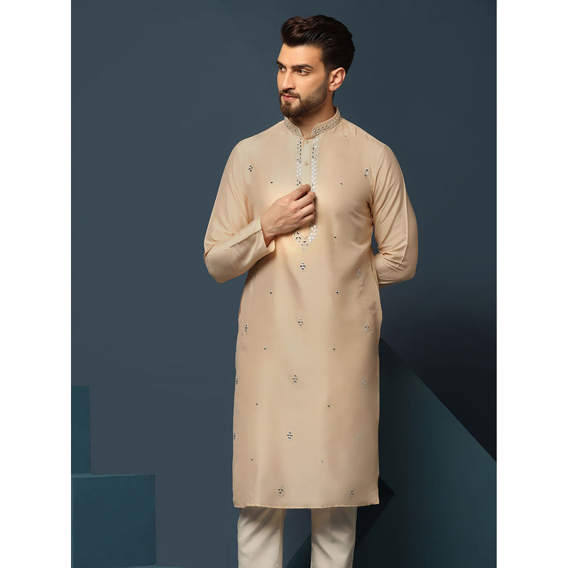 KISAH Men Peach Mirror Work Embroidery Cotton Blend Kurta with Abstract Print (38)
