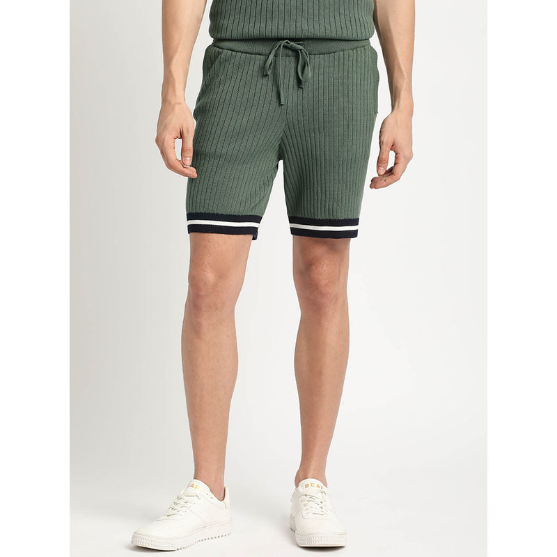 THE BEAR HOUSE Men Green Striped Regular Fit Cotton Shorts (S)