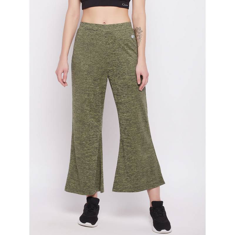Clovia Comfort Fit Flared Active Pants In Green Melange (M)