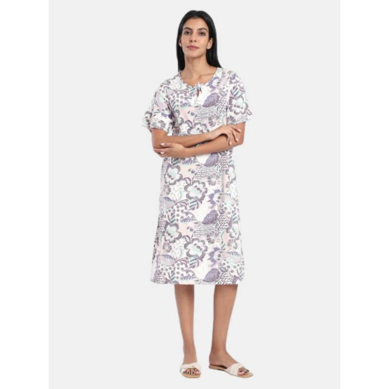 R&B Off White Regular Fit Printed Women Nightdress (XS)