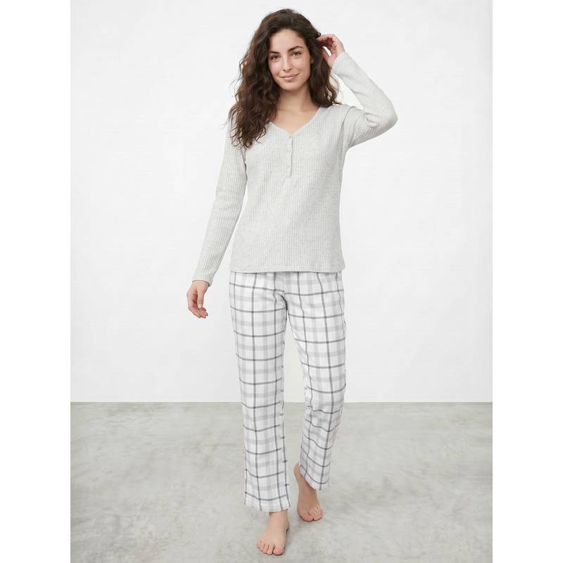 R&B Women Grey Melange V-Neck Long Sleeves Polyester T-Shirt And Pyjama (2XL)