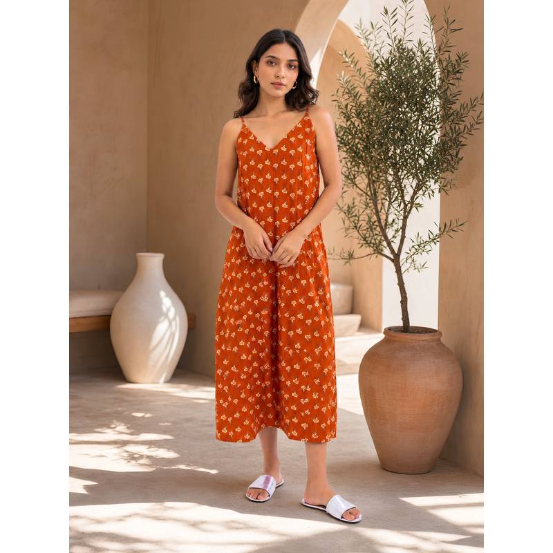 FEATHERS CLOSET Rust Tiny Bloom Pure Cotton V-Neck Nightdress For Women (S/M)