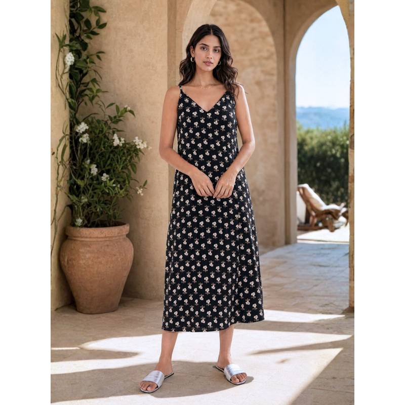 FEATHERS CLOSET Black Ditsy Pure Cotton V-Neck Nightdress For Women (S/M)