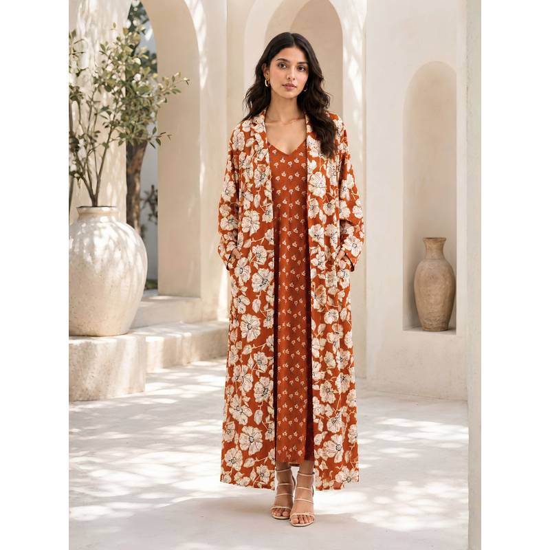 FEATHERS CLOSET Rust Muse Pure Cotton V-Neck Dress And Shrug For Women (L/XL)