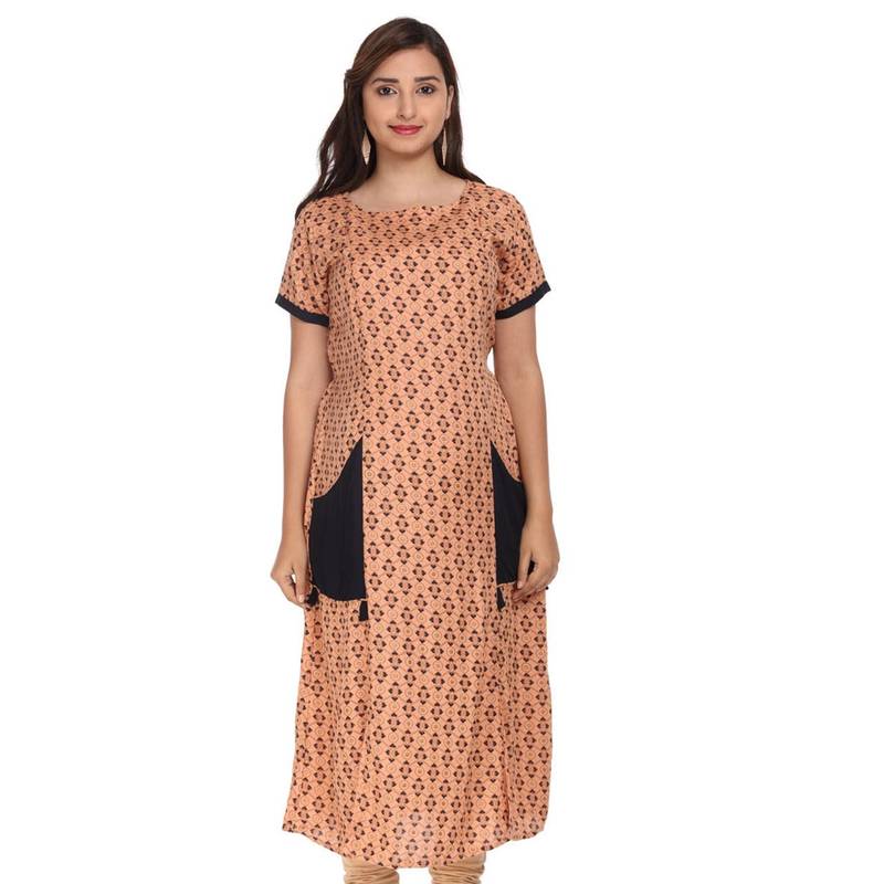 Morph Maternity Elegant Gold Print Feeding Kurta - Brown (S)