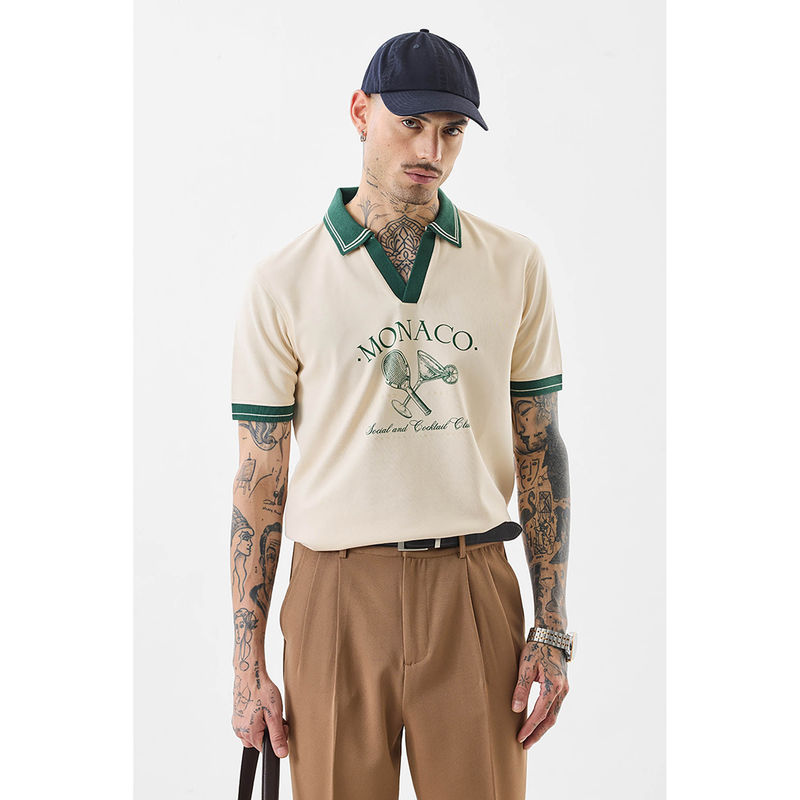 Snitch Cream Printed Half Sleeves Slim Casual Polo T-shirt (L)