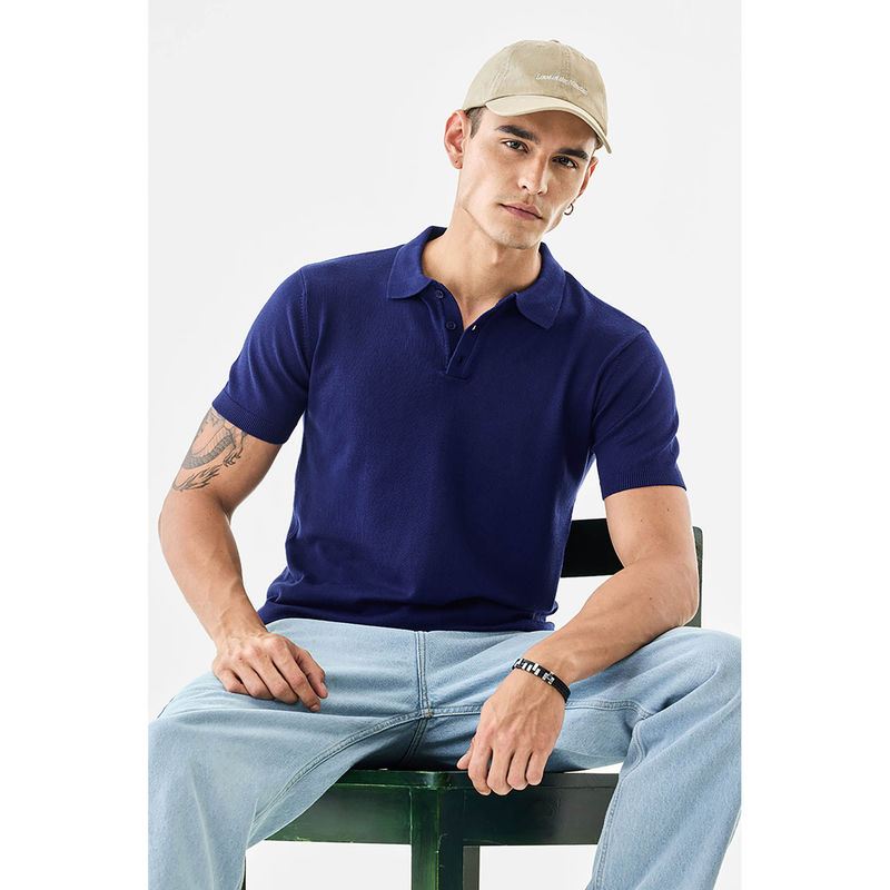 Snitch Men Navy Blue Viscose Blend Polo T-shirt (XS)