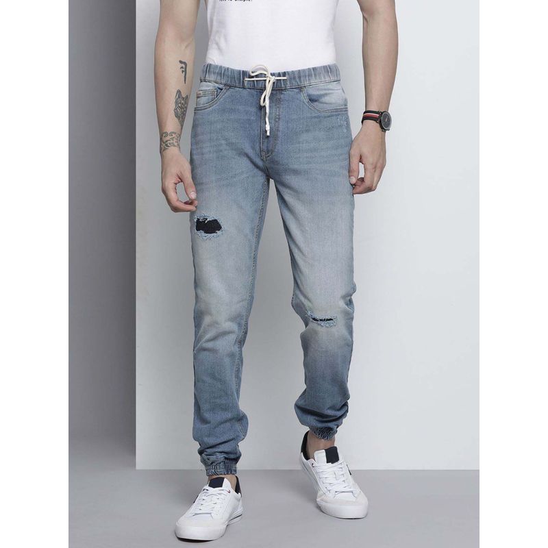 Freehand Men Slim Fit Solid Mid-Rise Stretchable Denim Joggers Blue (XS)