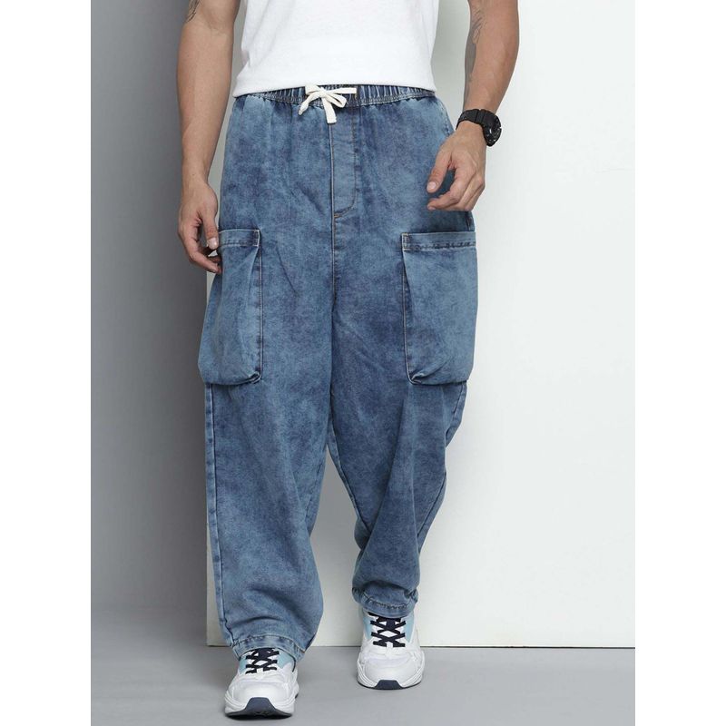 The Indian Garage Co Men Cargo Baggy Harem Solid Mid-Rise Jeans Blue (28)