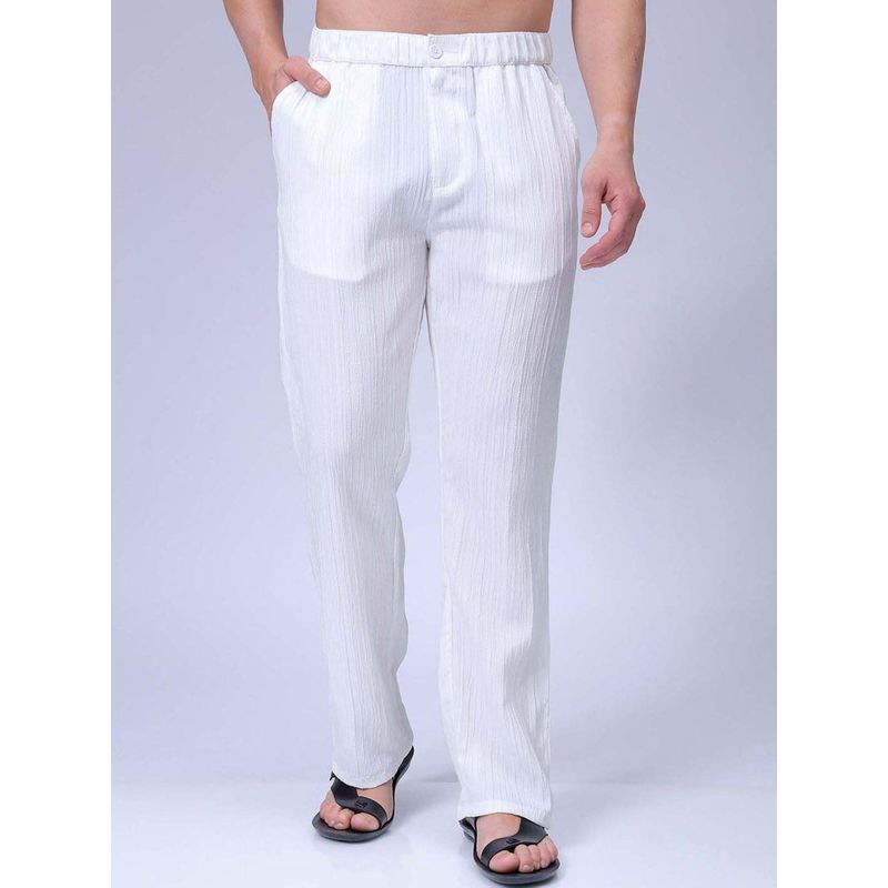 The Indian Garage Co Men Loose Fit Textured Mid-Rise Elasticated Trousers White (34)