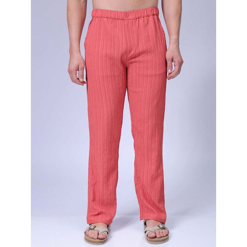 The Indian Garage Co Men Loose Fit Textured Mid-Rise Elasticated Trousers Red (30)