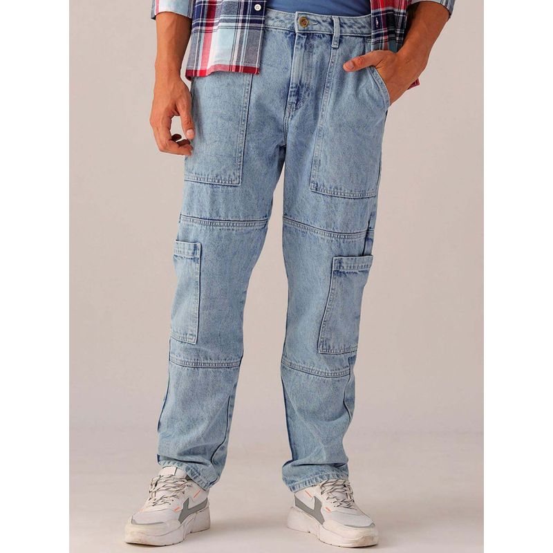 The Indian Garage Co Men Dad Fit Solid Mid-Rise Cargo Denim Blue (30)