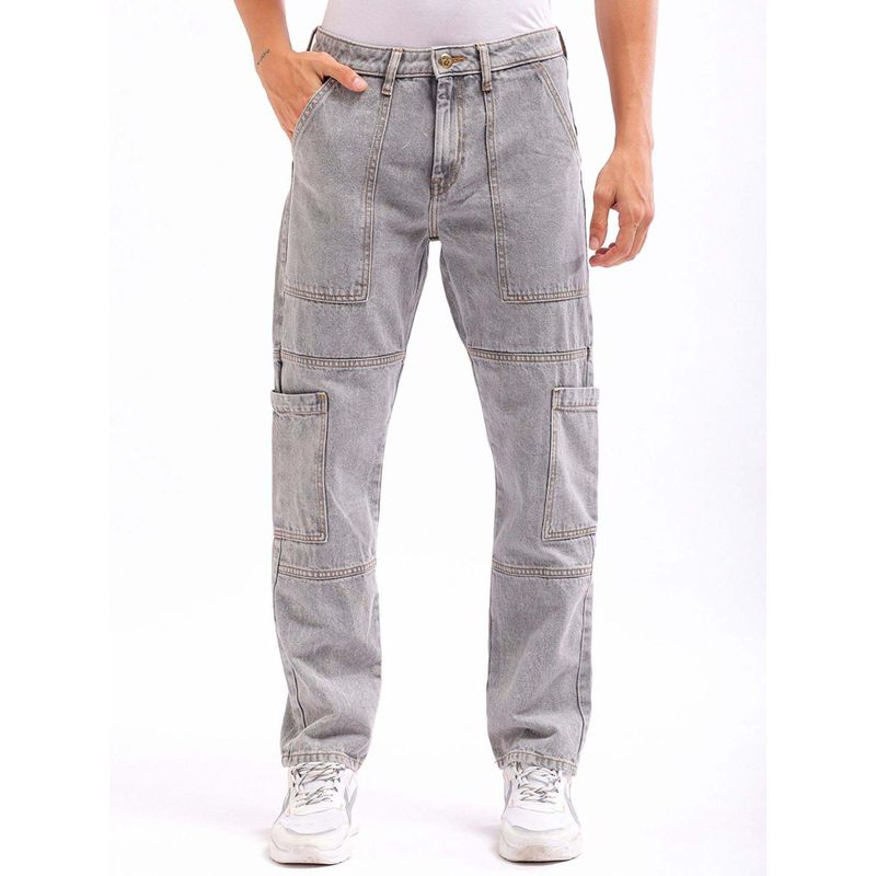 The Indian Garage Co Men Dad Fit Solid Mid-Rise Cargo Denim Grey (32)