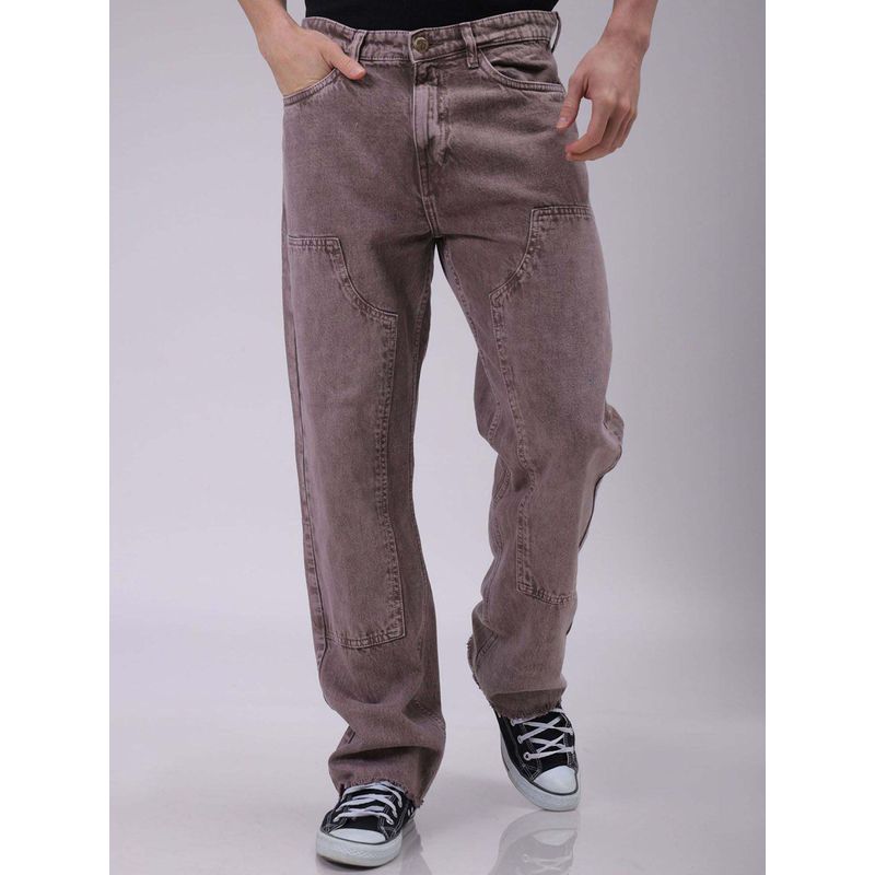 The Indian Garage Co Men Relaxed Straight Fit Patched Mid-Rise Jeans Purple (34)