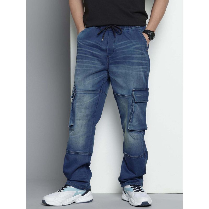 The Indian Garage Co Men Relaxed Fit Solid Mid-Rise Stretchable Cargo Denim Joggers Blue (36)