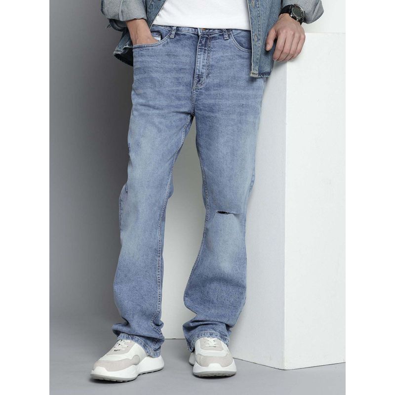 The Indian Garage Co Men Bootcut Slim Fit Solid Mid-Rise Stretchable Jeans Blue (30)