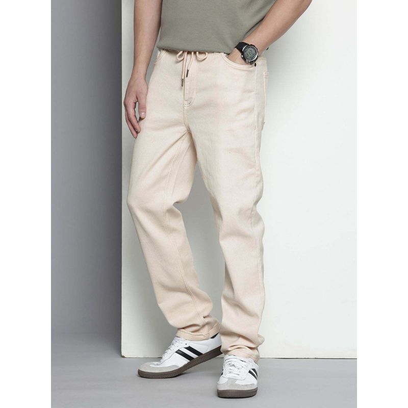 The Indian Garage Co Men Regular Fit Solid Mid-Rise Jeans Off White (32)