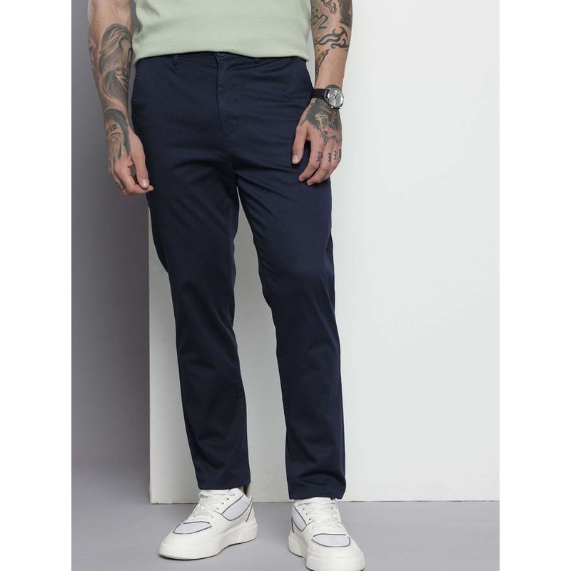 The Indian Garage Co Men Regular Fit Solid Mid-Rise Chinos Navy Blue (28)