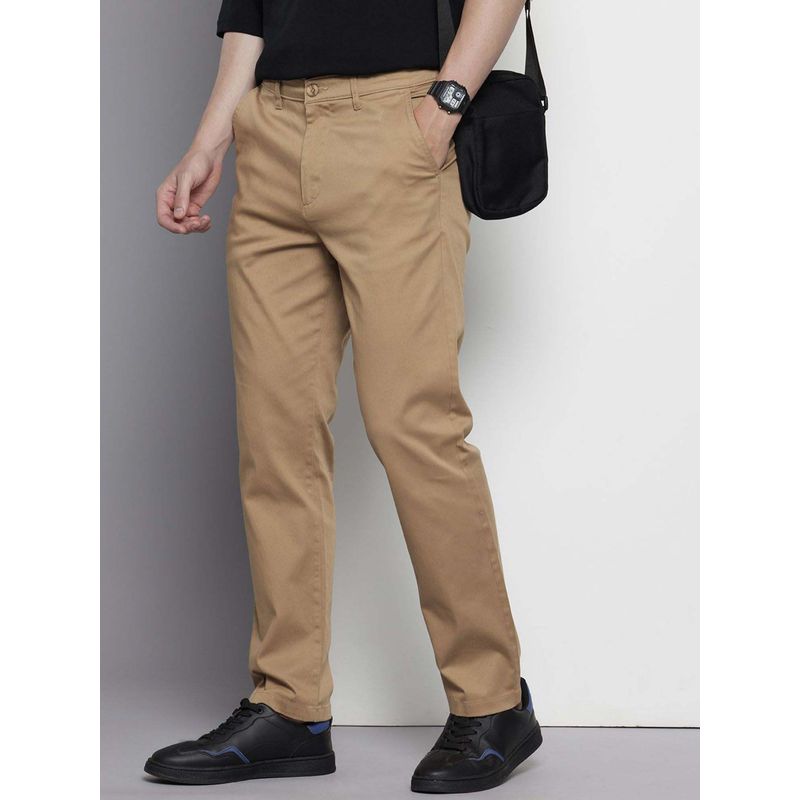 The Indian Garage Co Men Regular Fit Solid Mid-Rise Chinos Khaki (32)