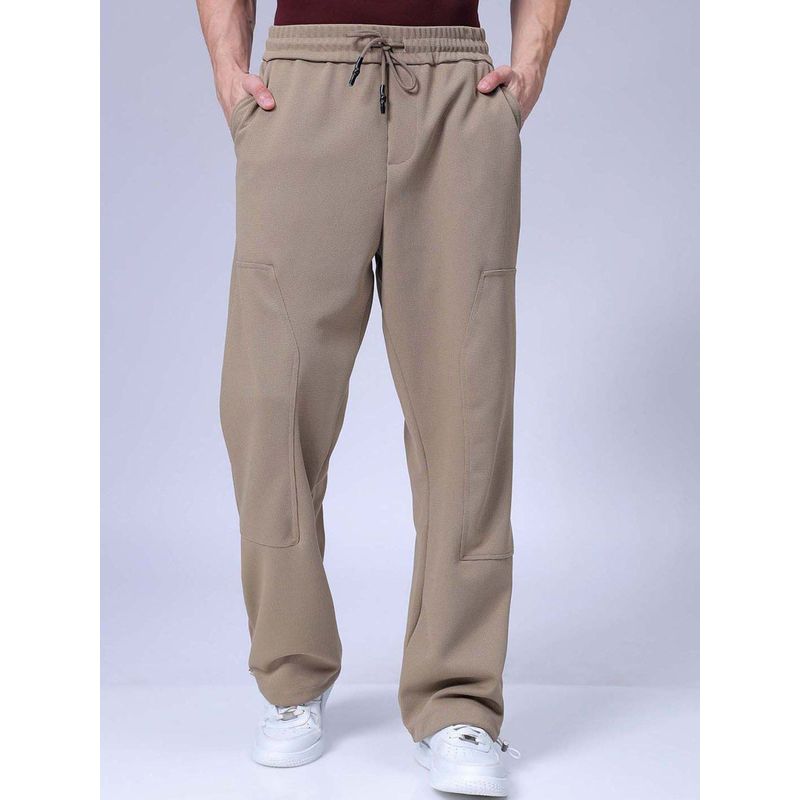 The Indian Garage Co Men Loose Wide Leg Solid Mid-Rise Elasticated Utility Cargo Joggers Brown (36)