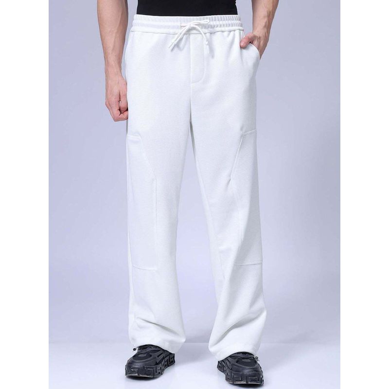 The Indian Garage Co Men Loose Wide Leg Solid Mid-Rise Elasticated Utility Cargo Joggers White (34)