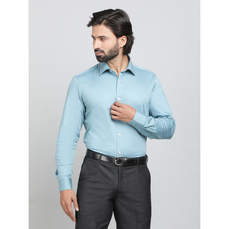 Wyre Aqua Blue Cotton Blend Fabric Solid Formal Shirt (40)