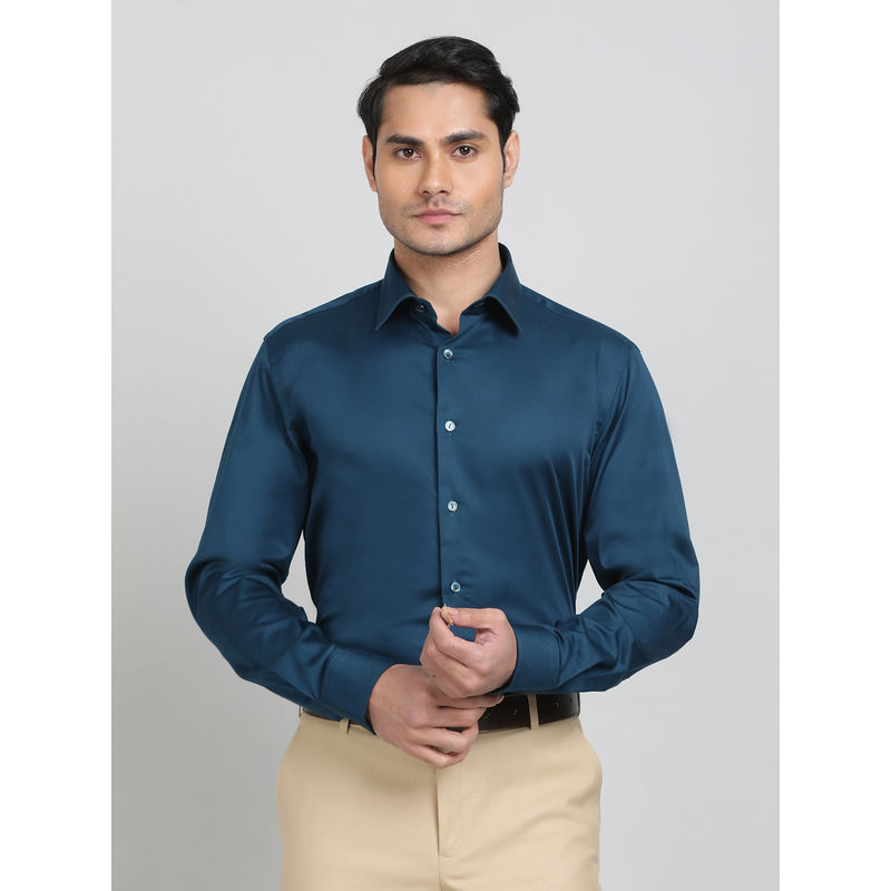 Wyre Teal Cotton Blend Fabric Solid Formal Shirt (40)