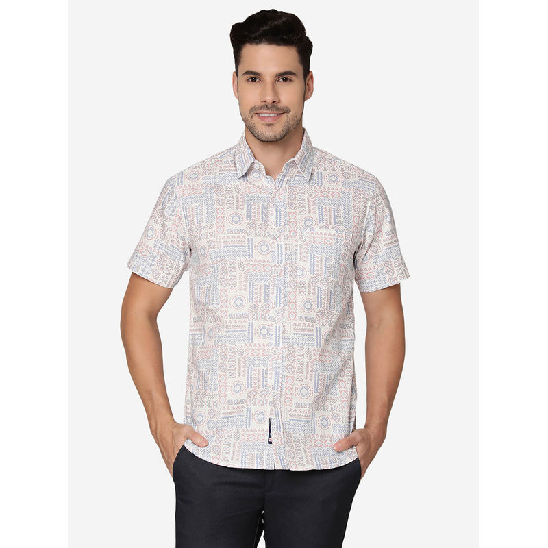 Greenfibre Mens Cotton Printed Pink Slim Fit Half Sleeve Casual Shirt (40)
